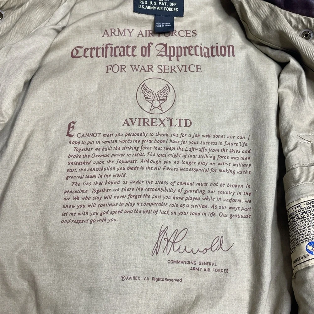 Vintage Avirex A-2 Bomber Flight Jacket USAF Certified USA Beige Cotton Canvas M - Picture 6 of 9